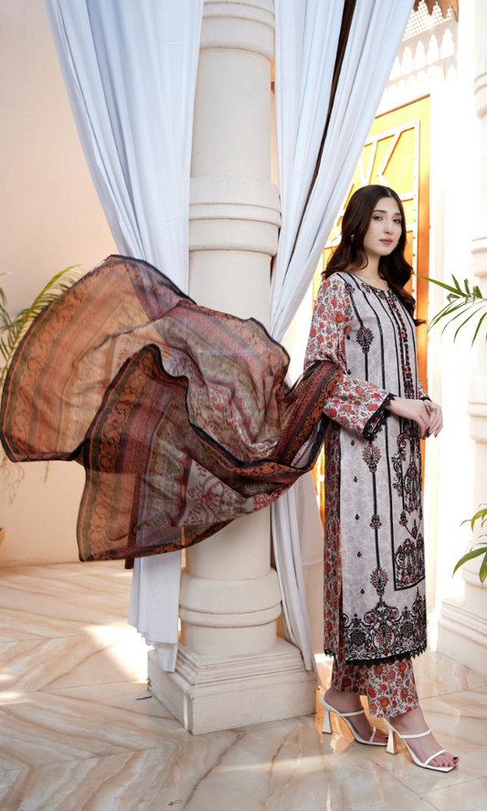 3 Piece Stitched Cotton Lawn Embroided-Suit EJ-126