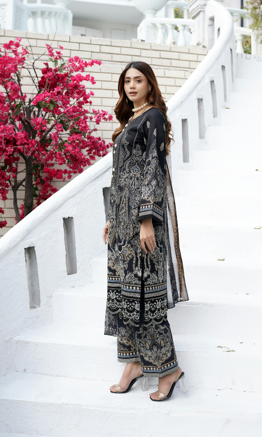3 Piece Stitched Cotton Embroided-Suit with Gold Print EJ-112