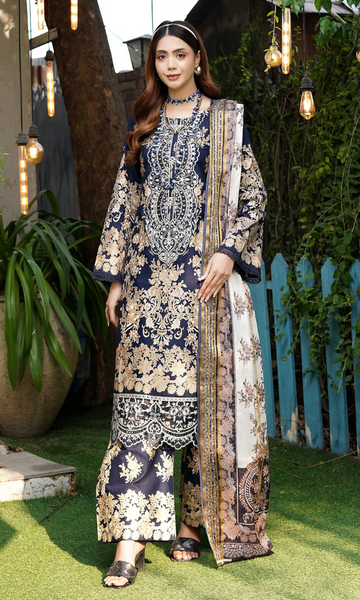 3 Piece Stitched Cotton  Embroided-Suit- with Gold Print EJ-110